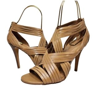 TORY BURCH Liv Strappy Cage Sandals Heels Sz 9.5 Tan Leather Back Zip